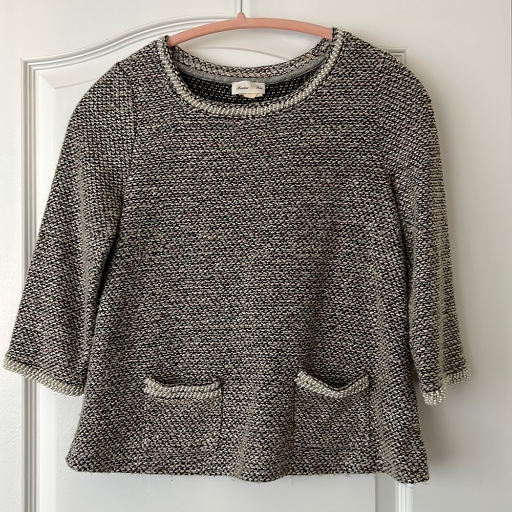 Anthropologie Meadow Rue Pearls Beads Babydoll Tweed Top